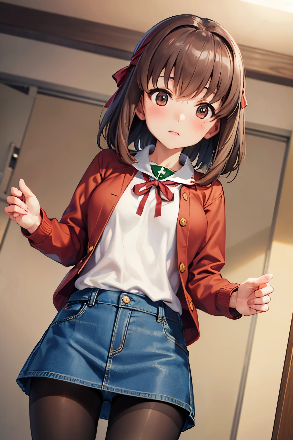 Taeko Kondo、Girls&Panzer、Brown Hair、Short Hair、((pantyhose))、Photo from below、Medium chest、Bedroom、(Denim skirt)、Red ribbon、Knitted outerwear