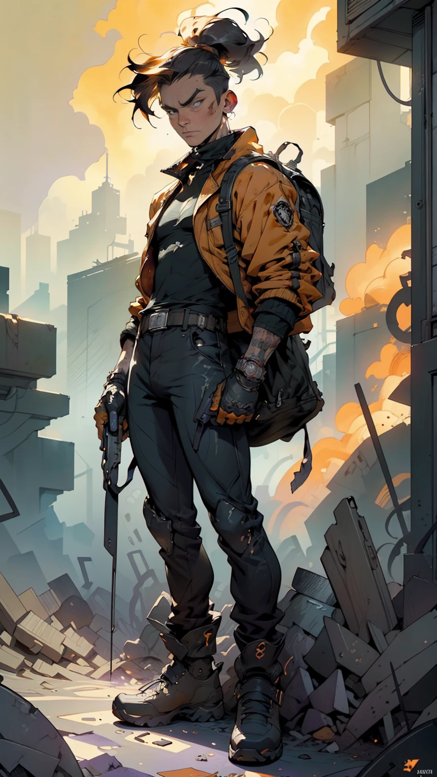 dark and torn, 1 young man, beautiful muscular body, fierce expression, holding a gun, (colors on his clothes, warm, orange, yellow, violet: 1.3), standing on a desolate terrain, dramatic lighting, intense shadows, sandy texture , high contrast, vibrant colors, dynamic pose, powerful stance, rough background, explosive atmosphere, dystopian theme, surreal elements, digitally painted illustration, HD resolution, intricate details, dramatic composition, avant-garde and chaotic brush strokes, gothic style, intense emotions, Scale epic, raw and gritty feel, captivating and provocative artwork.