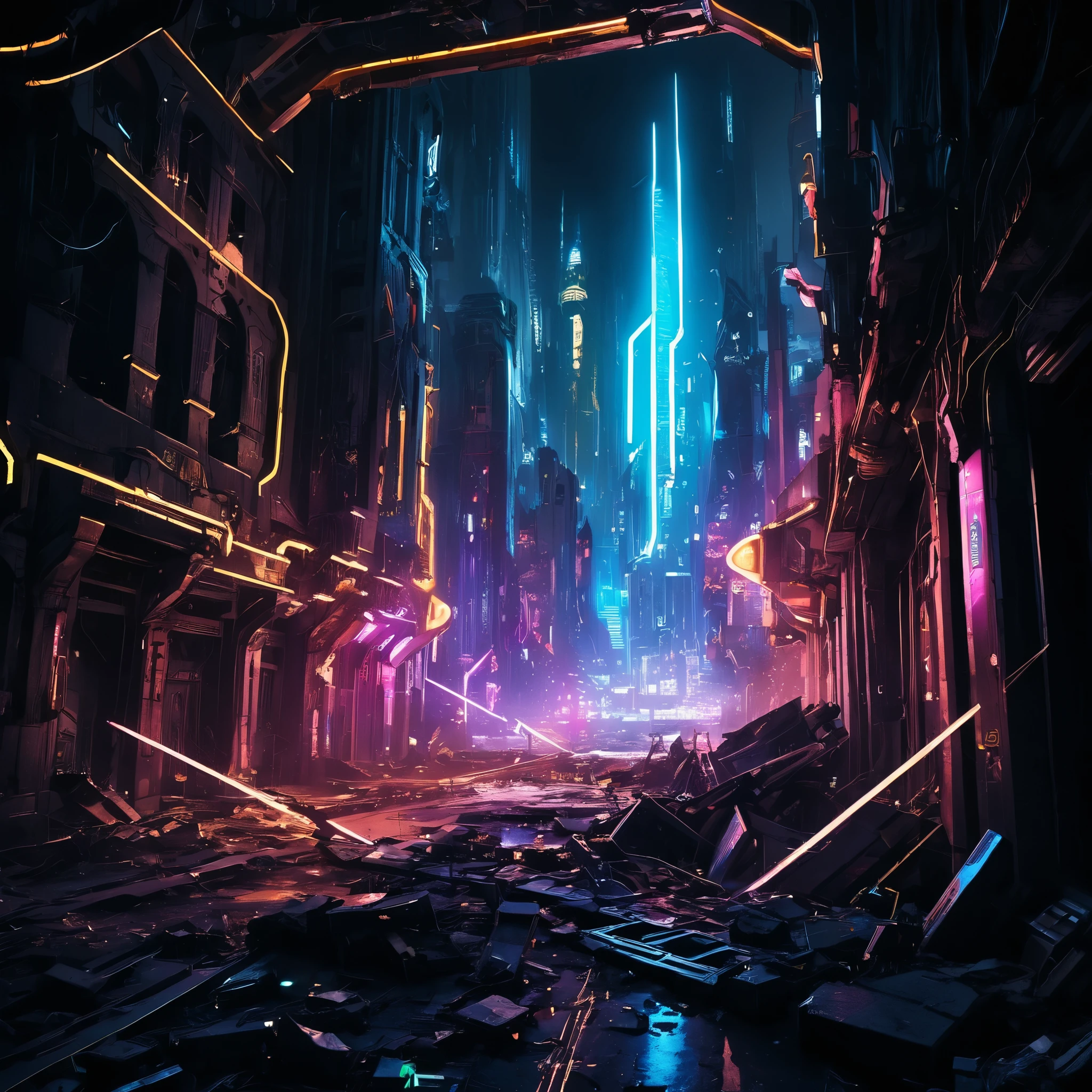 A futuristic cityscape lies in ruins, neon lights flickering amidst the rubble, hinting at the downfall of technological advancement.
