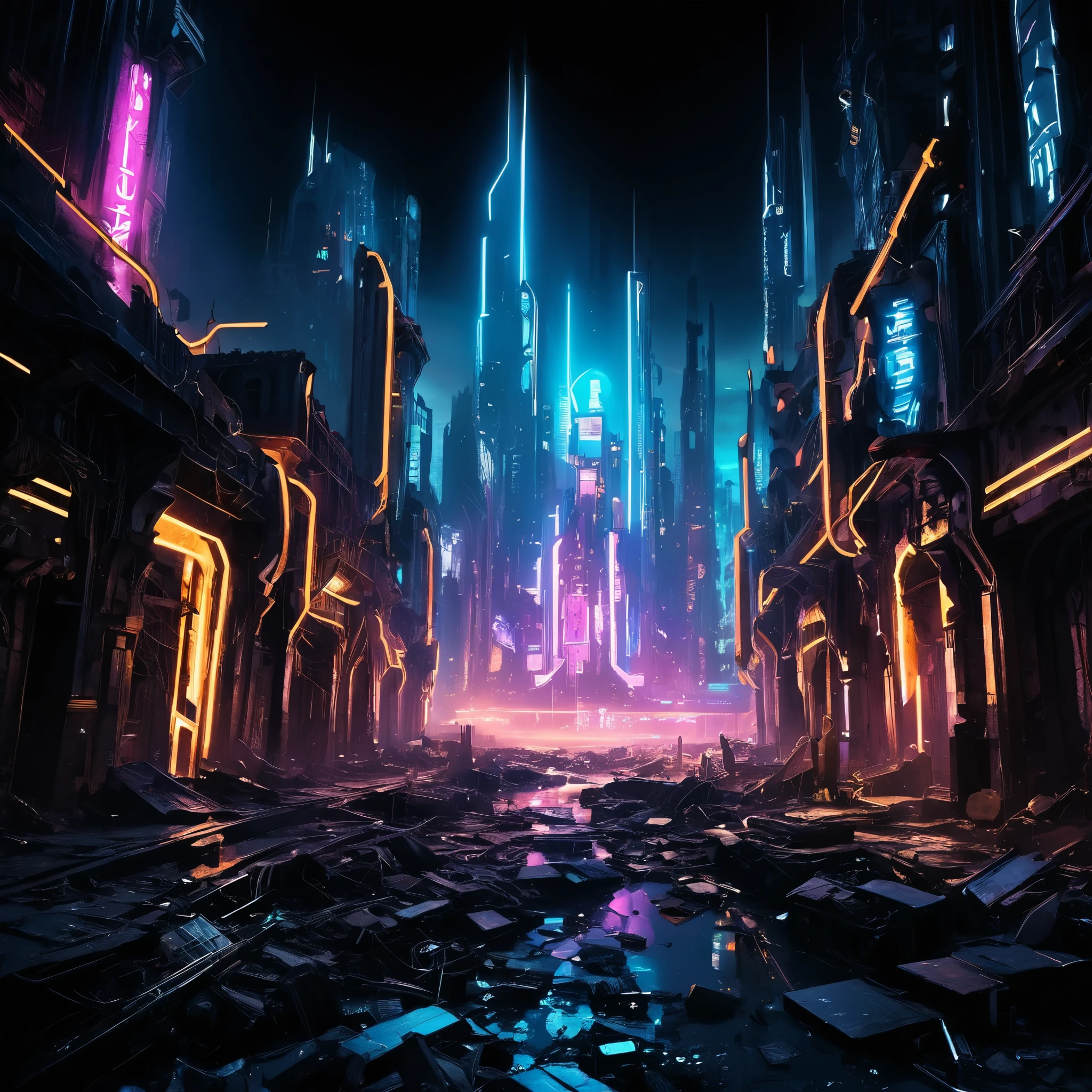A futuristic cityscape lies in ruins, neon lights flickering amidst the rubble, hinting at the downfall of technological advancement.