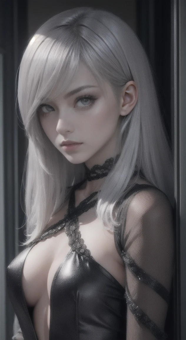 Beautiful, Silver hair, woman, glaring at viewer,