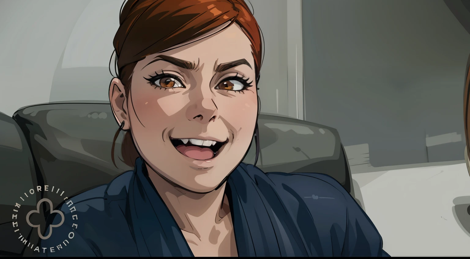 estilo comic anime 2d, woman with a malicious look smiles maliciously with mischief she is up to something bad she is 40 years old