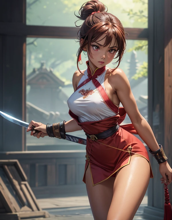 ((best quality)) ((best quality)), ((masterpiece)), (detailed), 4k image, anime style, beautiful woman, fair caramel skin, symmetrical face, cherry pink plump lips, blood red eyes, African looks, soft athletic body, small breasts, toned thin and slender body, slim waist, short height, sleek hair tied in a messy bun, sleek reddish-brown hair, wide hips, phoenix eyes, small nose, tight form-fitting Chinese Cultivation robes and battle armor, one girl only, full body image, back to the wall, one girl only, brown skin, holding a sword