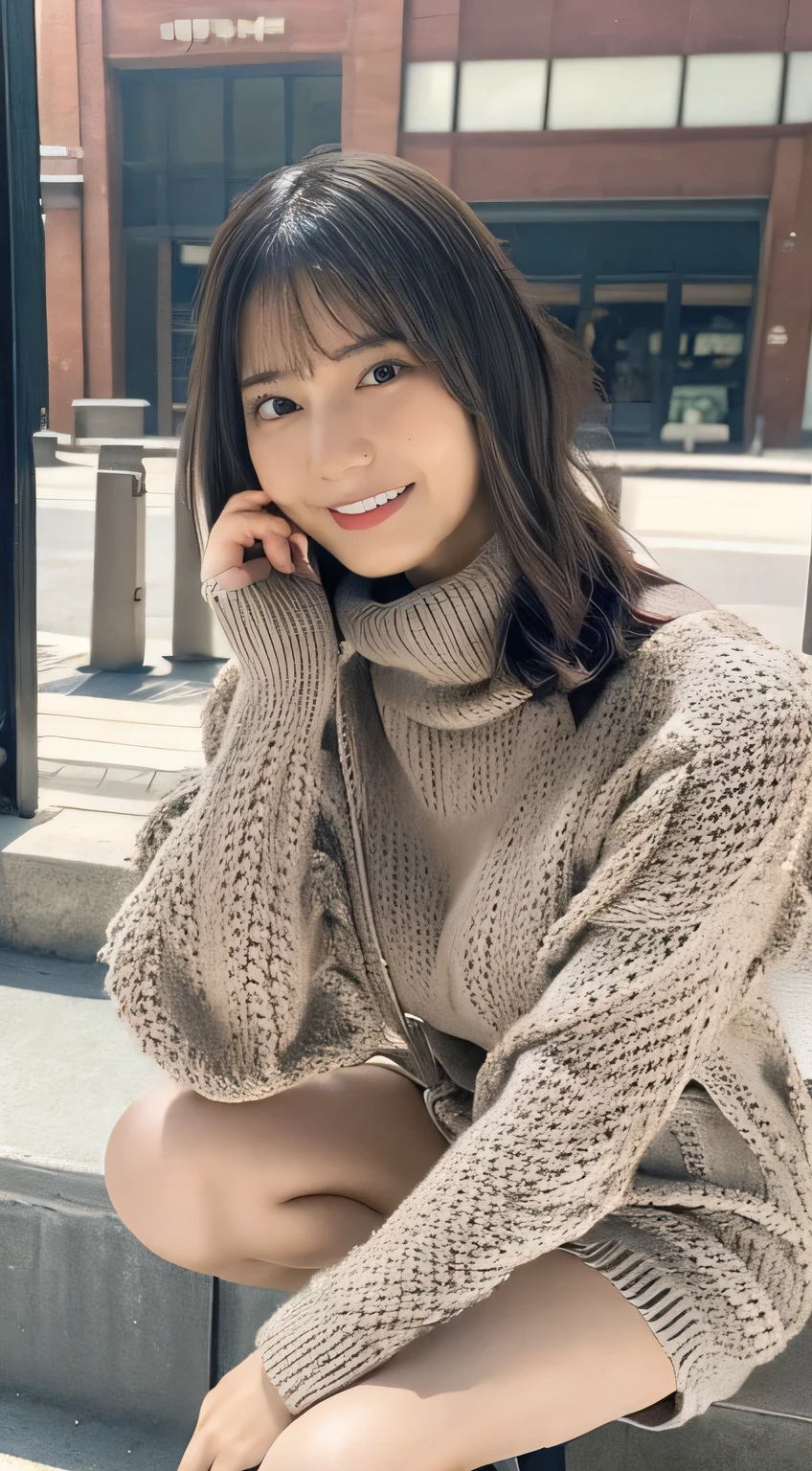 (8k、RAW photo、highest quality、masterpiece:1.2)、(realistic、Photoreal)、1 girl, Innocent 18 year old girl、((Oversize High Neck Cable Knit,Short knitted dresses,Thighs are visible,Dramatic poses)),Smile,Twin-tailed,Curly hair,m In front of a café in the city,、Raw photo, (8K、top-quality、​masterpiece:1.2)、(intricate detailes:1.4)、(Photorealsitic:1.4)、octane renderings、Complex 3D rendering ultra detail, Studio Soft Light, Rim Lights, vibrant detail, super detailing, realistic skin textures, Detail Face, Beautiful detail eyes, Very detailed CG Unity 16k wallpaper, make - up, (detailedbackground:1.2), shinny skin, Full body、((From head to thigh))、cleavage of the breast,((Spreading legs))