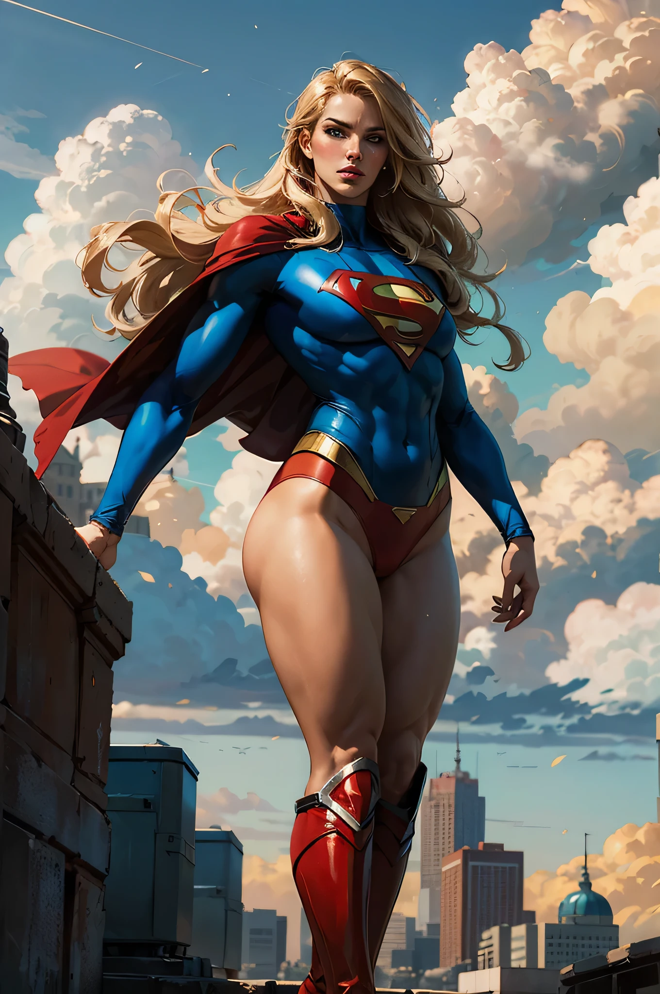 nijistyle, Cowboy shot of beautiful woman in Superman costume, the iconic red yellow and blue with a just wearing red panties, holsum and strong looking facial features, Long Blonde Hair, Heroic, cape, Particle, Clouds, skyporn, Red boots, Sexy hero Pose, large udder,