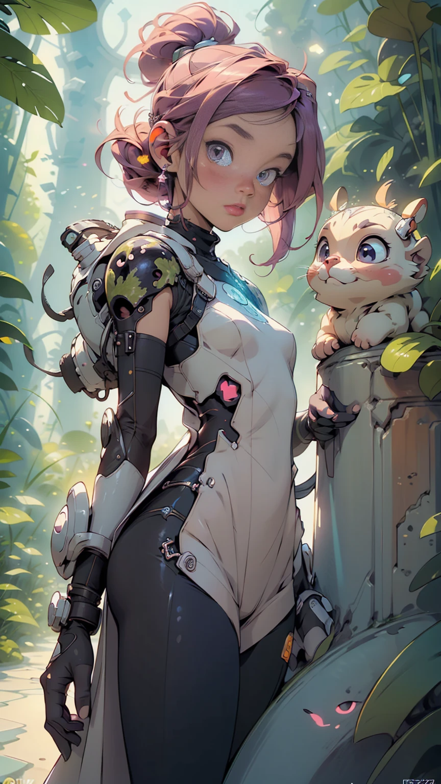 An ultra-detailed, realistic, and adorable cute alien character is depicted in this artwork. The character is small in size and has a friendly and adorable appearance. The alien is set in a purple-colored world filled with abundant exotic vegetation. The art style is inspired by anime, giving it a unique and distinct look. The artwork is created in 8k resolution, ensuring the best quality and capturing every intricate detail of the alien and its surroundings. The vibrant and vivid colors enhance the overall visual experience, while the lighting creates a sense of depth and dimension in the artwork. This masterpiece showcases the artist's expertise in creating high-quality and visually stunning illustrations.