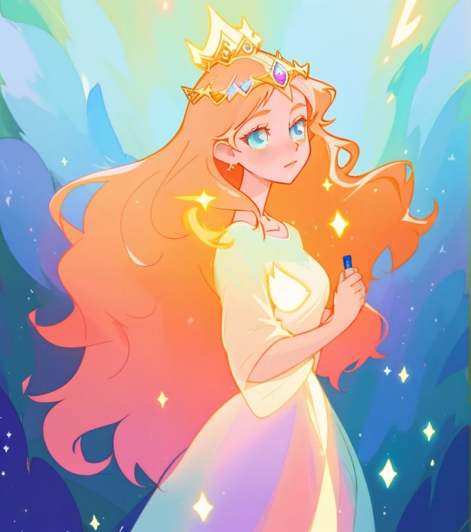 beautiful anime girl in white princess ballgown, delicate white tiara, vibrant pastel colors, (colorful), magical lights, red and gold long wavy hair, sparkling lines of light, inspired by Glen Keane, inspired by Lois van Baarle, disney art style, by Lois van Baarle, glowing aura around her, by Glen Keane, jen bartel, glowing lights! digital painting, flowing glowing hair, glowing flowing hair, beautiful digital illustration, fantasia background, whimsical, magical, fantasy, beautiful face, ((masterpiece, best quality)), intricate details, highly detailed, sharp focus, 8k resolution, sparkling detailed eyes, liquid watercolor