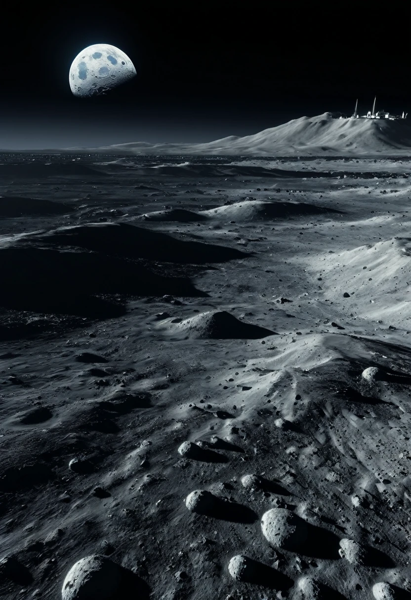 (8k, 16k, highest quality, photorealistic, raw photo, award winning, high resolution, high definition, masterpiece: 1.3) Colonies once built on the moon, ruins on the moon, old colonies, the first colonies built on the moon A decaying white colony that is considered to be the ruins of a future world, a future moon surface, a well-maintained moon surface, a space city, a failure to migrate to the moon, a tourist destination in the future, the earth visible in the distance, and the latest developments near the colony. a spaceship is landing