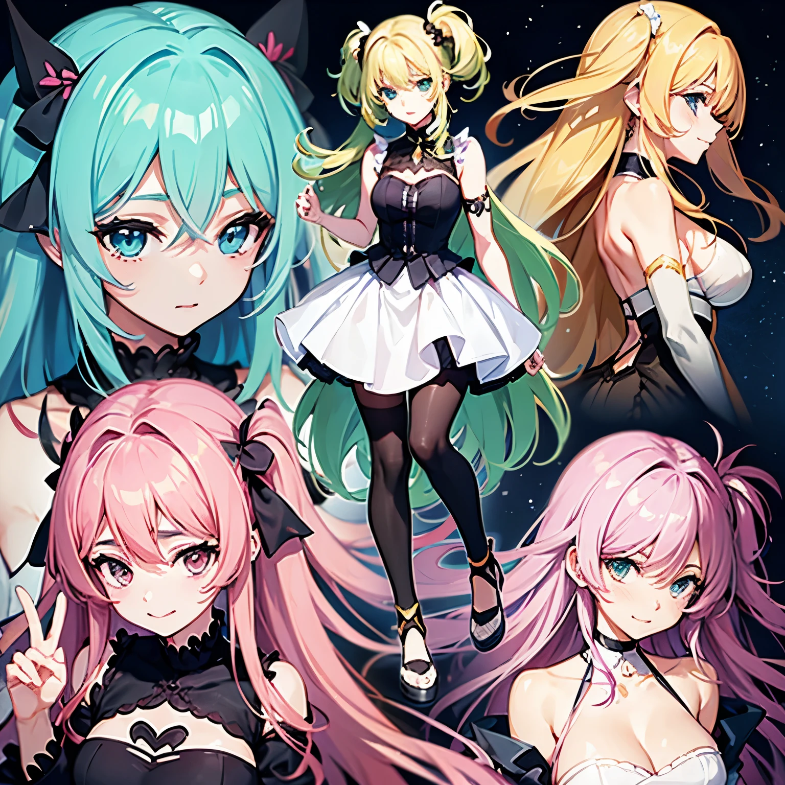 5 girls, harem,Chica anime, anime style, cute hatsune miku x suicune, shy girl , Orejas de Kitsune, arte de dark natasha, autum forest landscape, arte de vixen aztra, cuerpo completo, patas hermosas, cintura delgada, caderas amplias, piernas torneadas, hermosa, foto de cuerpo completo, sensual navel blouse, black skirt, navel piercing, ear piercing, navel tattoo, shy pose, back pose, hands up, black body, beatifull and detailed hands, kimono,