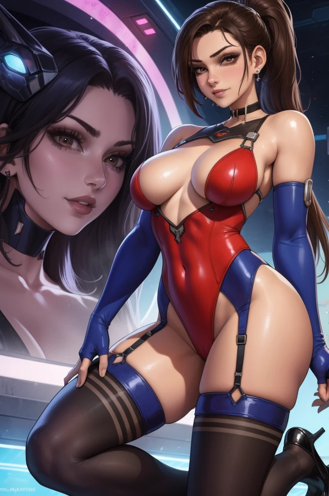 1 girl,(solo),(high-level image quality),(hight quality),(hight resolution),(detailed),(masterpiece),(artwork:1.2),(realistic),(semi-realistic),looking at viewer, Detailed eyes, perfect face, perfect eyes, Detailed face,(longest ponytail),earrings,smile,brown eyes,Eve\(Stellar Blade\), cleavage,((cybernetic leotard suit)),(short fingerless gloves),(cyber high heels), choker,thong,(thigh high socks), garter belt,
