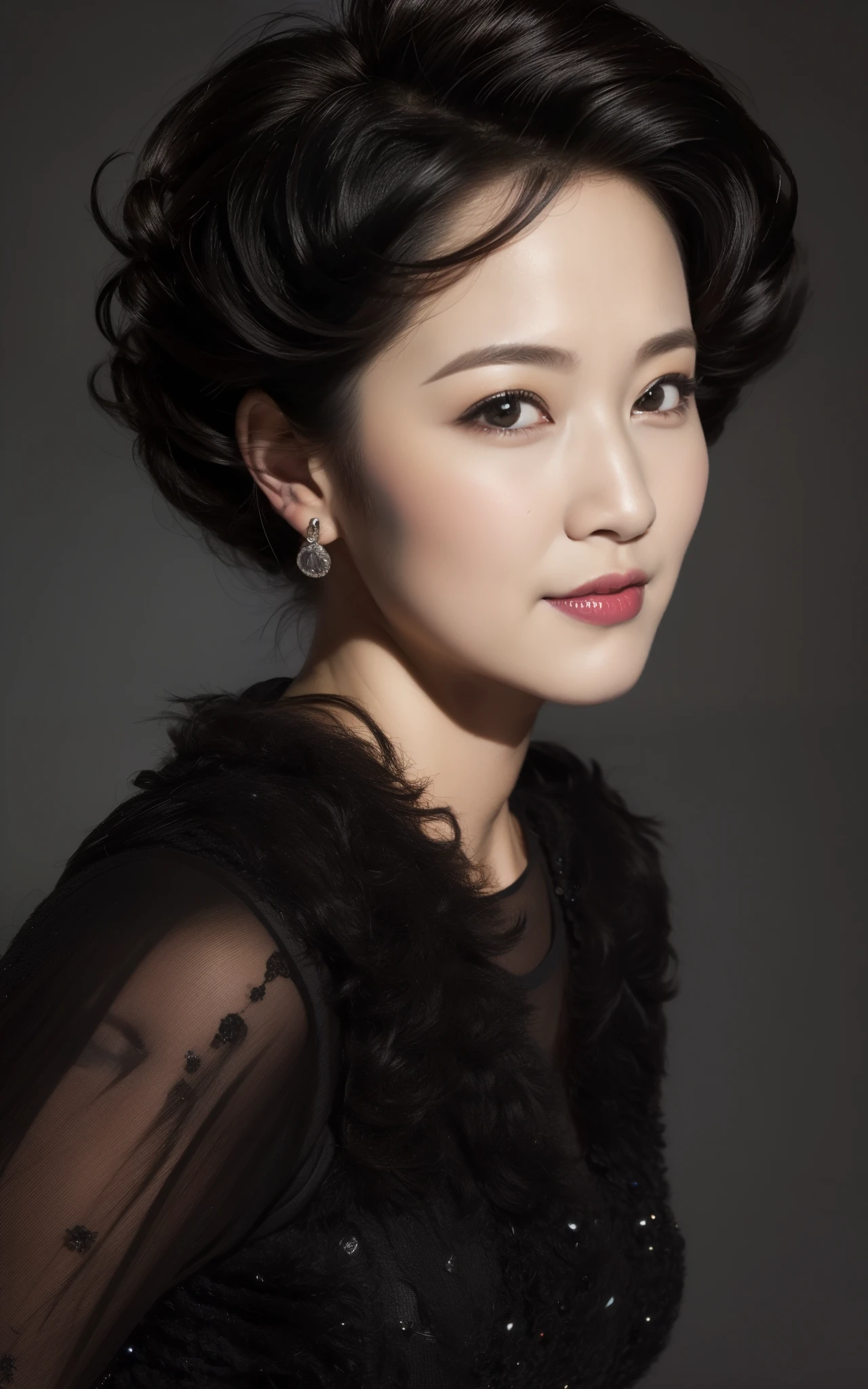 masterpiece,best quality, (one milf), ((portrait:1.5)), ((look down)), makeup:1.2, elegant raced black shirt, Curl bouffant hair:1, ((seduction expression)),