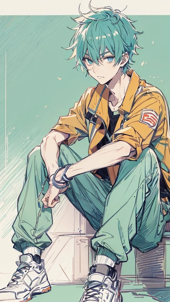 a drawing of a boy with blue eyes sitting down, clean anime outlines, young anime man, anime boy, tall anime guy with blue eyes, anime style drawing, clean detailed anime style, male anime style, anime sketch, line sketch!!, male anime character, 2 d anime style, orange - haired anime boy, anime drawing, traditional drawing style, handsome anime pose