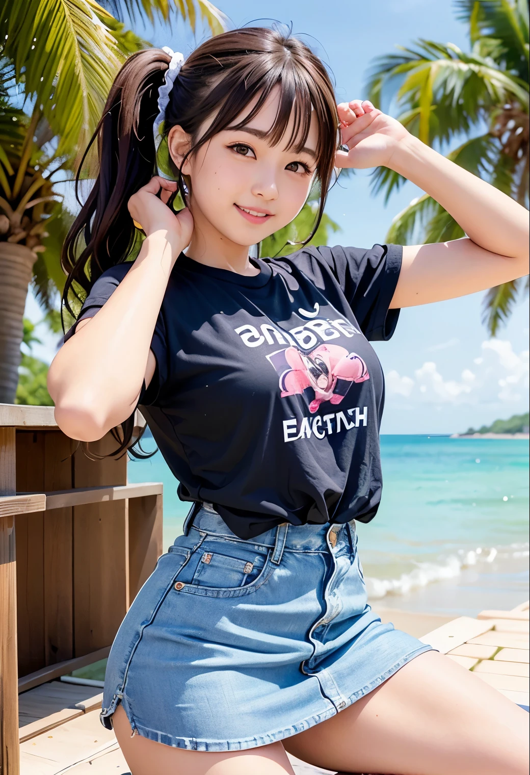 (highest quality,masterpiece:1.3,Ultra-high resolution),(Very detailed、Caustics) (Realistic:1.4, RAW shooting、)Ultra-Realistic Capture、Very detailed、Natural skin texture、masterpiece、(1 Japanese girl wearing a sequined t-shirt and a mini denim skirt:1.3)、Adorable expression、Expressions of Happiness、************、Young Face、Amazingly cute、Twin tails、Curly Hair、Black Hair、Scrunchie、light makeup、Busty and bursting、Bare arms、Shining thighs、Shining ass、Shooting on the beach、Summer sunshine、smile、An inviting gaze、Cowboy Shot、Anatomically correct、Attention to detail、A pose that emphasizes the chest、