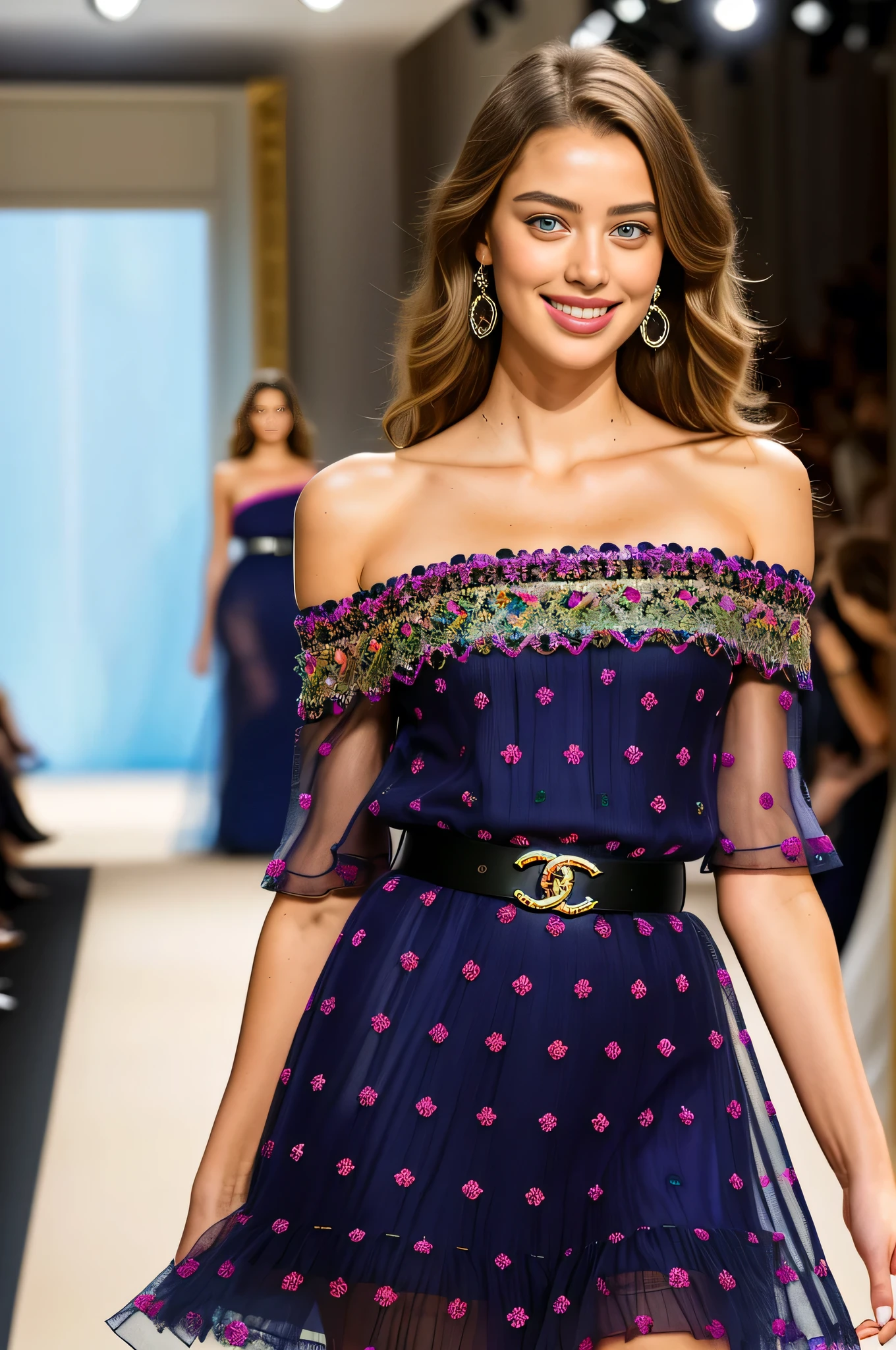 professional photo of 1 Girl , realistic photo, masterpiece, woman in a beautiful dress, a orange polka dot dress , off shoulders dress, chanel designer dress, vivid color, a striking 20-year-old American model with light brown hair , wavy hair, 170 height, full body photo, mix of taylor hill face, amber heard face, emily didonato face and irina shayk face , beautiful face, very sweet girl, dimple, small nose, seductive smile,white skin, radiant skin, sexy attire, jaw dropping beauty, green-blue eyes, beautiful eyes, sensual full lips, lips plump, very white teeth, medium to large breasts, sexy cleavage, sexy hips, curvy girl, good body proportions, perfect hands, perfect legs,,she is a supermodel, walks on the runway during the Dior Fashion Show during Paris Fashion Week Spring Summer 2018 held in Paris, France on September 26, 2017, Photo by Jonas Gustavsson Sipa , vogue style, stylish clothes, she wears fashionable clothes,chanel Multicolored polka dot dress, Fitted one shoulder cocktail dress with tiny slit at hem. chanel cocktail dress, detailed dress, with belt-type accessory, Multicolored polka dot dress, purple, pink and black colors, The sleeves are short. The neckline is V-shaped. sexy cleavage, chanel outfit, expensive outfit, contrast colors to enhance the beauty of the photo, amazing clothes contrast, vivid colors, looking at the viewer, pastel colors, background details, depth of field, various poses,masterpiece, image clarity, distant view, wide angle,smiling, flirting with the camera, best quality highest quality, amazing details,she is a supermodel, Very detailed, cannon camera, fujifilm, realistic, uhd, depth of field,,16k wallpaper, camera model ULTIMATE Sony a7III, fujifilm, lens flare, accurate, masterpice, anatomically correct, highres, full body photo, vivid color, realistic, happy smile, real life enhancer, backlight,she is a Victoria's Secret model, runway fashion show, indoor, naughty smile, flirting 