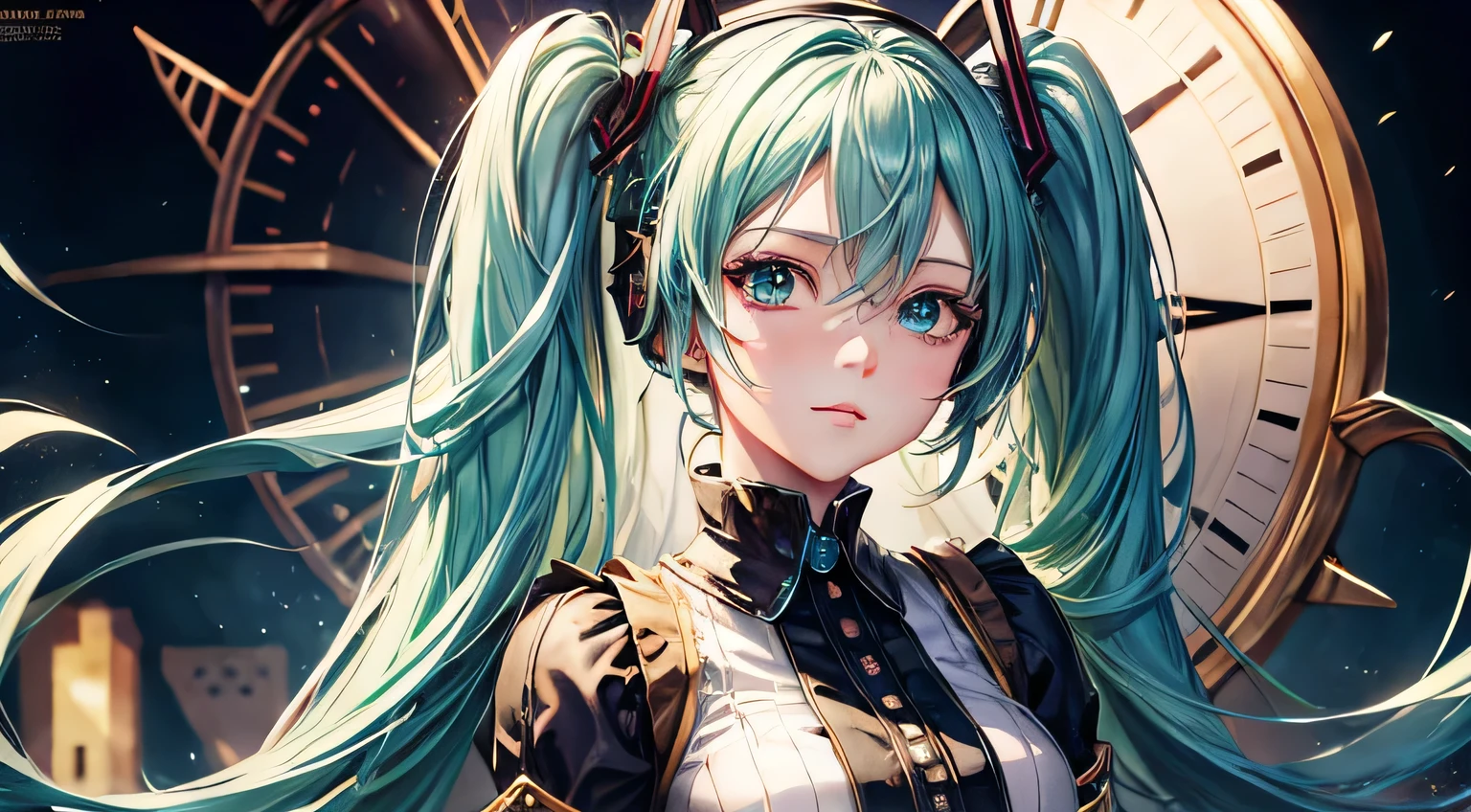 Hatsune Miku Steampunk costumes high resolution high quality Detailed facial expression depiction Detailed hair depiction Detailed description of the costume Steampunk background clock gear