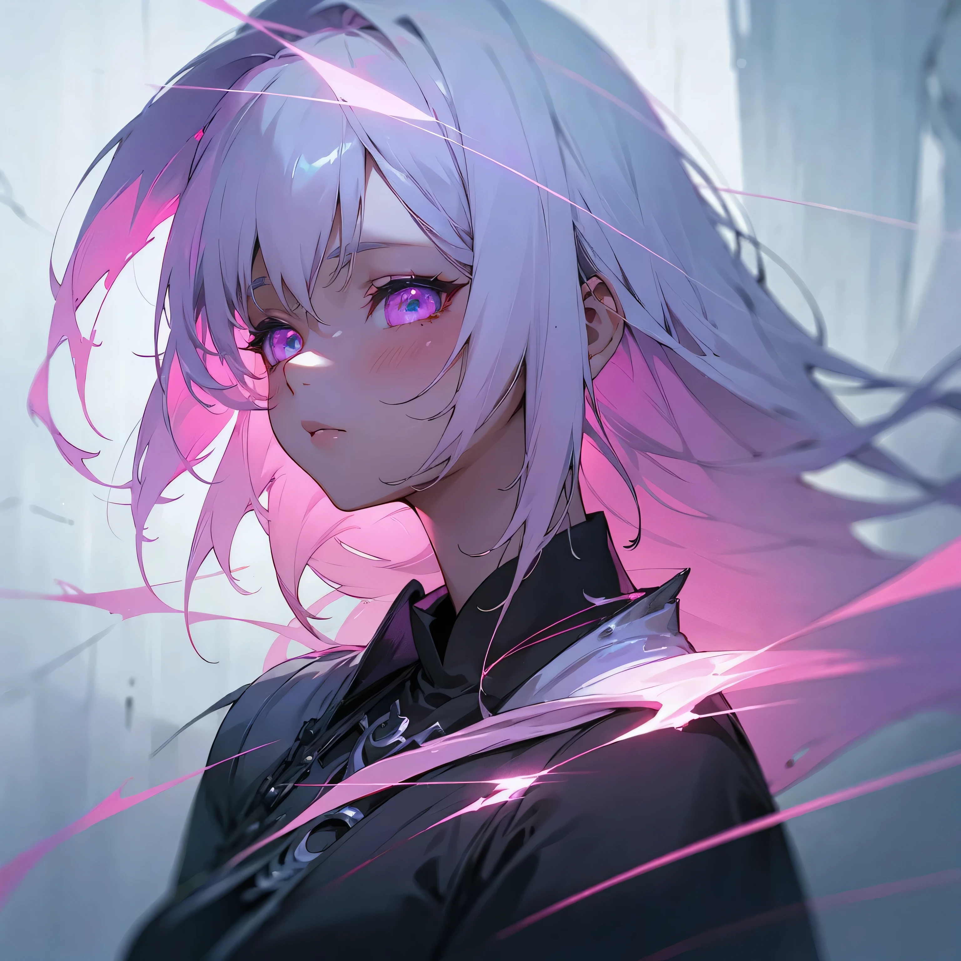 A dark fantasy anime girl with white hair, pink aura, rain, fog, detailed light and shadows, (best quality:1.2), ultra-detailed, realistic:1.37, vibrant colors, portraits, soft lighting, ethereal atmosphere