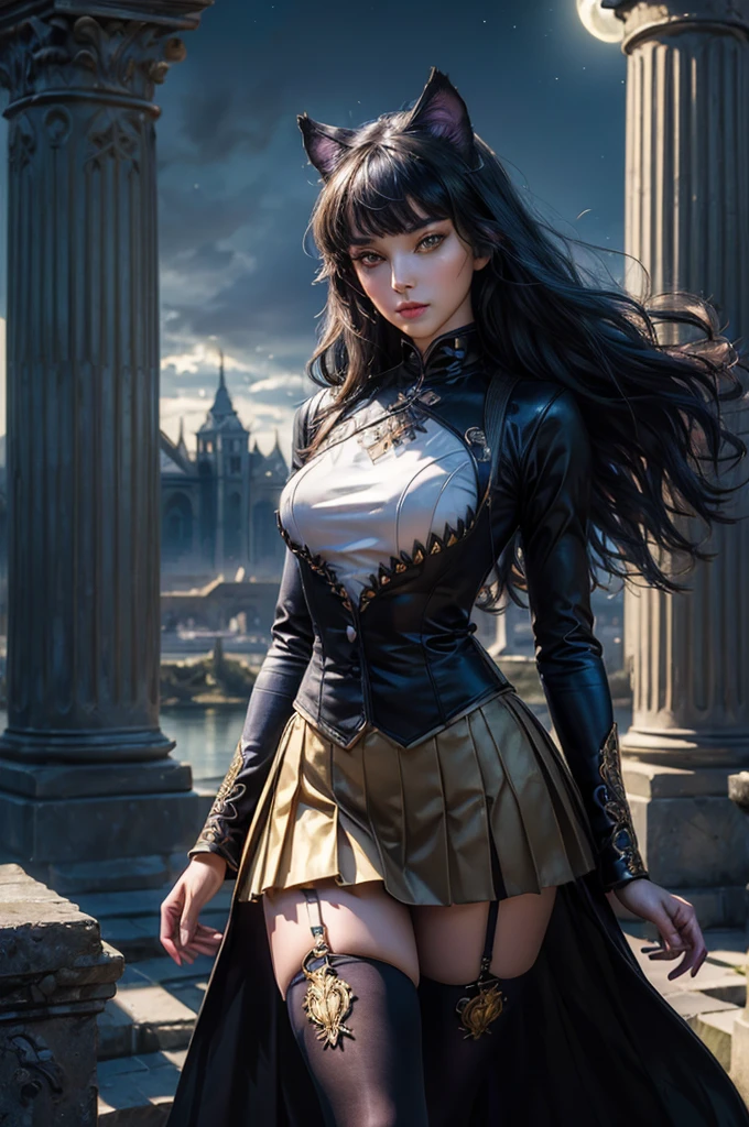 (masterpiece,stunning girlfriend, (standing:1.1), dynamic pose, heart shaped face, elegant face, beautiful face, highly detailed face, highly detailed skin, skin pores, subsurface scattering, realistic pupils, looking at viewer, full lips, detailed background, depth of field, atmospheric perspective, volumetric lighting, sharp focus, absurdres, realistic proportions, good anatomy, (realistic, hyperrealistic:1.4), 16k hdr, (masterpiece, best quality), intricate details, 1girl, blake_belladonna, gmuniform, pleated skirt, blue thighhighs, black and gold uniform, standing outside, night, stars, moonlight, gothic temple, pillars, ruins, river