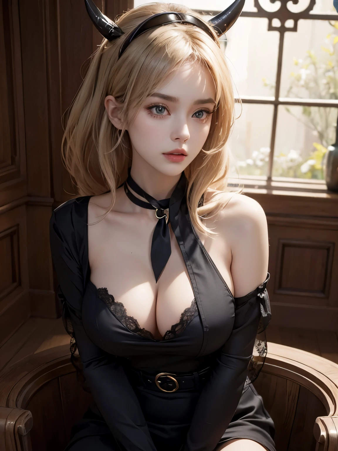 Create a hyper-realistic 8K human portrait of a female with characteristics inspired by Lucifer from Helltaker. The face should be oval-shaped with soft contours, slightly wider forehead tapering to a delicate chin. High and pronounced cheekbones should cast subtle shadows, enhancing a sculpted bone structure. Her nose should be refined, medium-length, with a gentle curve at the bridge and a rounded tip, with distinct yet proportionate nostrils. Her lips should be full and well-defined, with the upper lip elegantly contoured and the lower lip plump, possessing a natural pink hue. Gracefully arched eyebrows of medium thickness should frame captivating almond-shaped eyes, with striking red crimson irises and thick, voluminous lashes curling upwards. Luxuriant, long strands of light-ash blonde hair, with subtle platinum highlights, should cascade in waves. Her skin should be impeccably smooth, with a porcelain-like quality and a subtle glow suggesting vitality. Elegant black-ink tattoos on the shoulder and upper arm should feature intricate mixtures of botanical and geometric patterns. She should exude a serene and introspective demeanor, with a slight upturn at the corners of the mouth suggesting hidden depth of emotion.
The attire should include a shirt, pants, white gloves, belt, and a black necktie, similar to Lucifer's formal wear. She should be depicted looking at the viewer against a simple background, ensuring she remains the central point of interest. Her large bosoms, fitting into an H-sized cup, should accentuate her figure, along with substantial thighs. Additionally, she should wear a black dress and a black choker around her neck, enhancing her beauty. This full-body picture should render fine details, realistic textures, and a harmonious color palette, prioritizing the characteristics inspired by Lucifer.