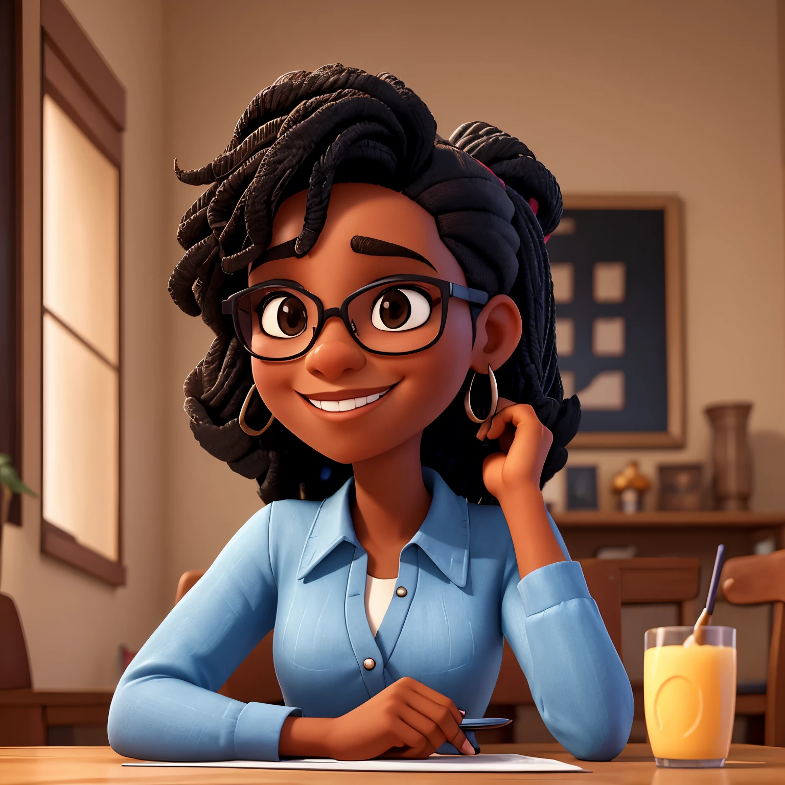 smiling woman in glasses sitting at a table with a cell phone, a picture by Richmond Barthé, cg society contest winner, realism, profile picture, photo of a black woman, headshot profile picture, profile image, mid portrait, young black woman, medium portrait, aida muluneh, high quality portrait, mid shot portrait, candid portrait