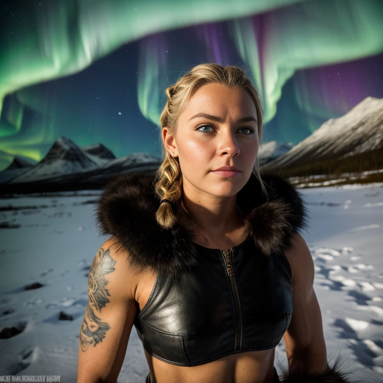 Eivor, ,blonde hair, serious, blonde hair, blue tattoos, braid, cheek scar, leather armor, fur trim, sleeveless, muscular, midriff, upper body, standing, looking at viewer, northern lights, mountains, cold, camp, (insanely detailed, beautiful detailed face, masterpiece, beautiful detailed eyes, best quality),