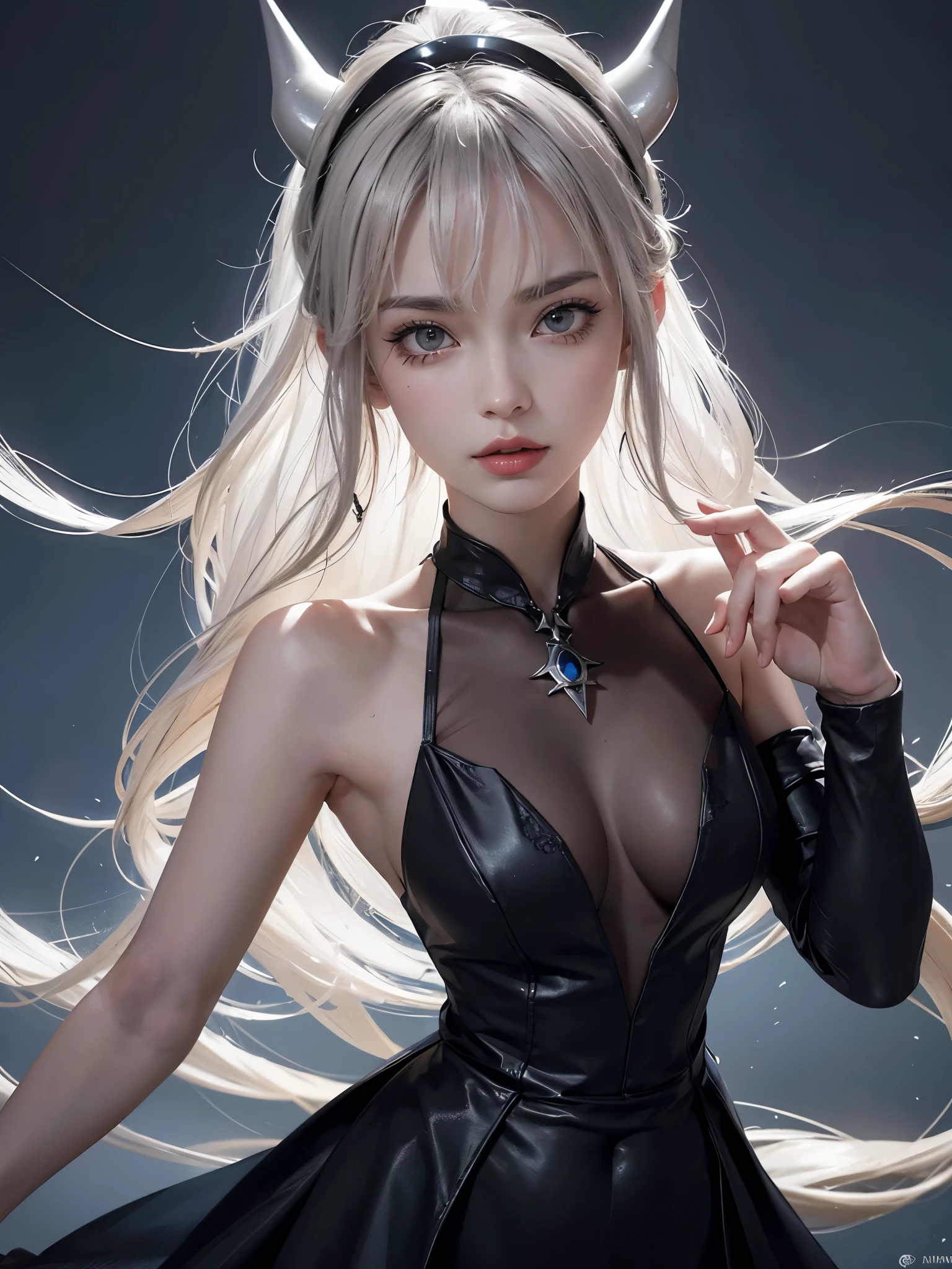 Create a hyper-realistic 8k human portrait of a female, incorporating the characteristics of Lucifer from Helltaker and the detailed facial features described. The portrait should capture Lucifer's essence, with her signature red eyes, white hair, demon horns, and tail, while also reflecting the delicate and harmonious facial features outlined. Her face should be oval-shaped with soft contours, framed by gracefully arched eyebrows and almond-shaped eyes with striking red irises. The cheeks should have high and pronounced cheekbones, casting subtle shadows, and the lips should be full and well-defined, with an elegant contour. Additionally, the hair should be luxuriant, cascading in waves of light-ash blonde with platinum highlights.
The attire should consist of a black dress and a black choker around the neck, adding to her allure. She should exude a serene and introspective demeanor, with a slight upturn at the corners of her mouth suggesting hidden depth. The background should be a deep matte black, ensuring she remains the central point of interest. Attention should be paid to fine details, such as the tattoos on her shoulder and upper arm, consisting of elegant black-ink designs of botanical and geometric patterns. Furthermore, she should possess very large bosoms, fitting into an H-sized cup, accentuating her figure, with substantial thighs. This full-body portrait should be rendered with realistic textures and a harmonious color palette, capturing Lucifer's beauty and mystique.