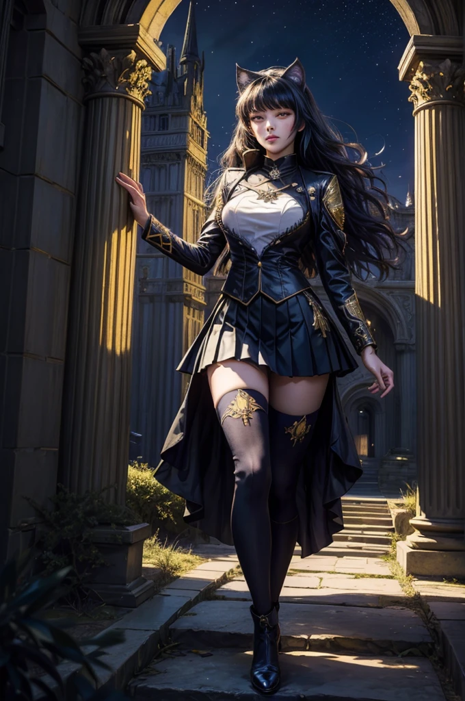  (masterpiece, best quality),  intricate details, 1girl,   blake_belladonna, gmuniform, pleated skirt, blue thighhighs,  black and gold uniform, standing outside, night, stars, moonlight, gothic temple, pillars, ruins, river