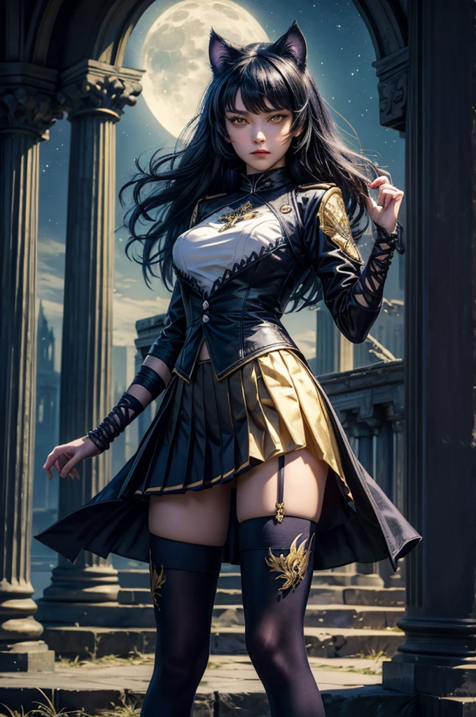  (masterpiece, best quality),  intricate details, 1girl,   blake_belladonna, gmuniform, pleated skirt, blue thighhighs,  black and gold uniform, standing outside, night, stars, moonlight, gothic temple, pillars, ruins, river