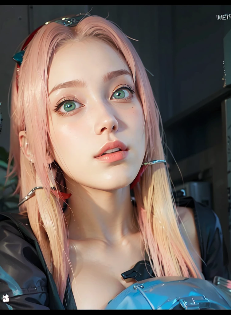 young woman, short shoulder-length pink hair, wide forehead, porcelain skin, pink eyebrows, big emerald green eyes, buttoned nose, full lips, heart-shaped face, slender body, small breasts, red tank top, Sakura Haruno , realistic, realism, details, 3d, well detailed
