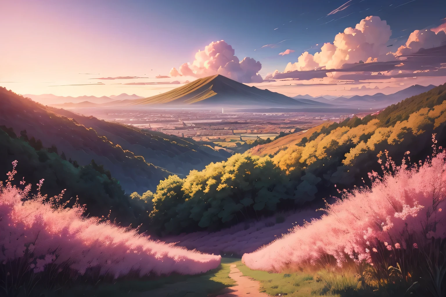 Anime landscape with pink dandelion fields and sunset, anime landscape wallpapers, anime linda cena de paz, beautiful anime scenery, lindas cenas de anime, fundos de anime, papel de parede de arte de anime 8k, papel de parede de arte de anime 4k, Amazing wallpapers, arte de fundo de anime, papel de parede de arte de anime 4k, lindo papel de parede para iphone, papel de parede de anime 4k, scenery wallpaper, 4k manga wallpapers