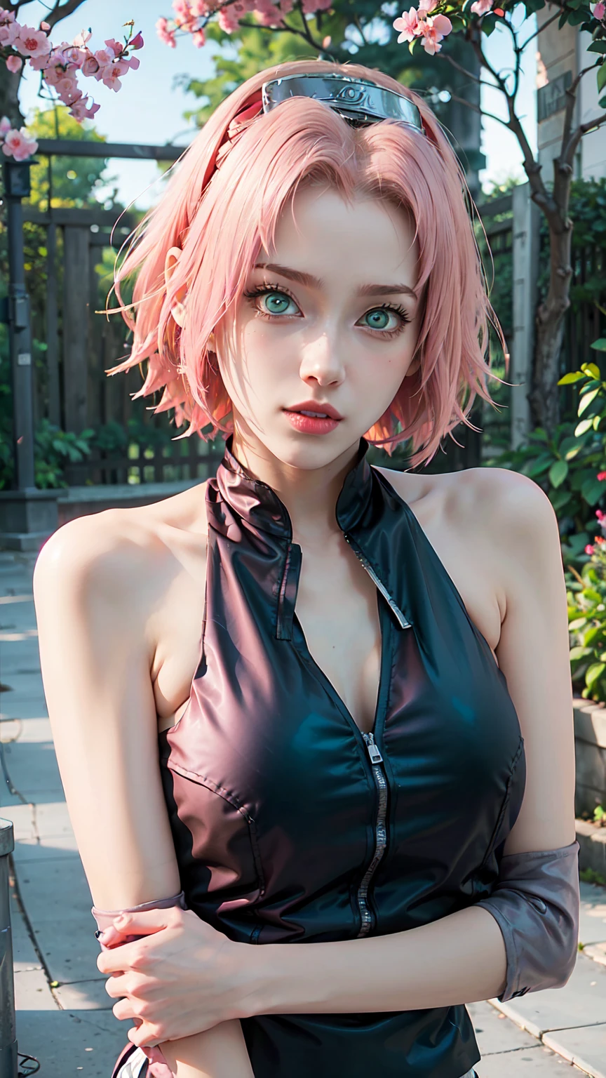 young woman, short shoulder-length pink hair, wide forehead, porcelain skin, pink eyebrows, big emerald green eyes, buttoned nose, full lips, heart-shaped face, slender body, small breasts, red tank top, Sakura Haruno , realistic, realism, details, 3d, well detailed
