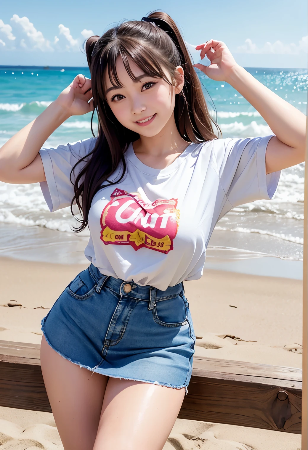 (highest quality,masterpiece:1.3,Ultra-high resolution),(Very detailed、Caustics) (Realistic:1.4, RAW shooting、)Ultra-Realistic Capture、Very detailed、Natural skin texture、masterpiece、(1 Japanese girl wearing a sequined t-shirt and a mini denim skirt:1.3)、Adorable expression、Expressions of Happiness、************、Young Face、Amazingly cute、Twin tails、Curly Hair、Black Hair、Scrunchie、light makeup、Busty and bursting、Bare arms、Shining thighs、Shining ass、Shooting on the beach、Summer sunshine、smile、An inviting gaze、Cowboy Shot、Anatomically correct、Attention to detail、A pose that emphasizes the chest、