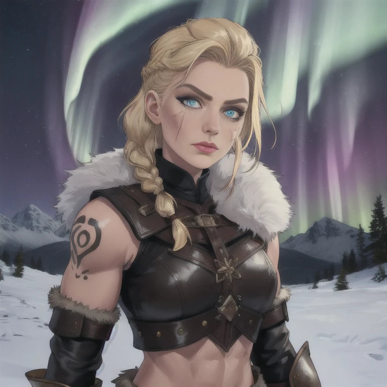 Eivor, ,blonde hair, serious, blonde hair, blue tattoos, braid, cheek scar, leather armor, fur trim, sleeveless, muscular, midriff, upper body, standing, looking at viewer, northern lights, mountains, cold, camp, (insanely detailed, beautiful detailed face, masterpiece, beautiful detailed eyes, best quality),  