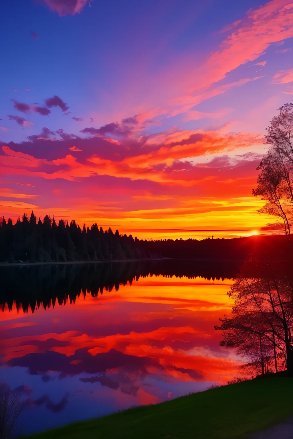 there is a beautiful sunset with a lake and trees in the background, colorful skies, surreal colors, colorful sunset, colorful sky, marvellous reflection of the sky, stunning sky, dream like atmosphere 8k, colorful clouds, colors reflecting on lake, surreal sky, red and blue reflections, fire reflection, beautiful sky, beautiful and spectacular dusk, beautiful dreamy landscape, amazing sky