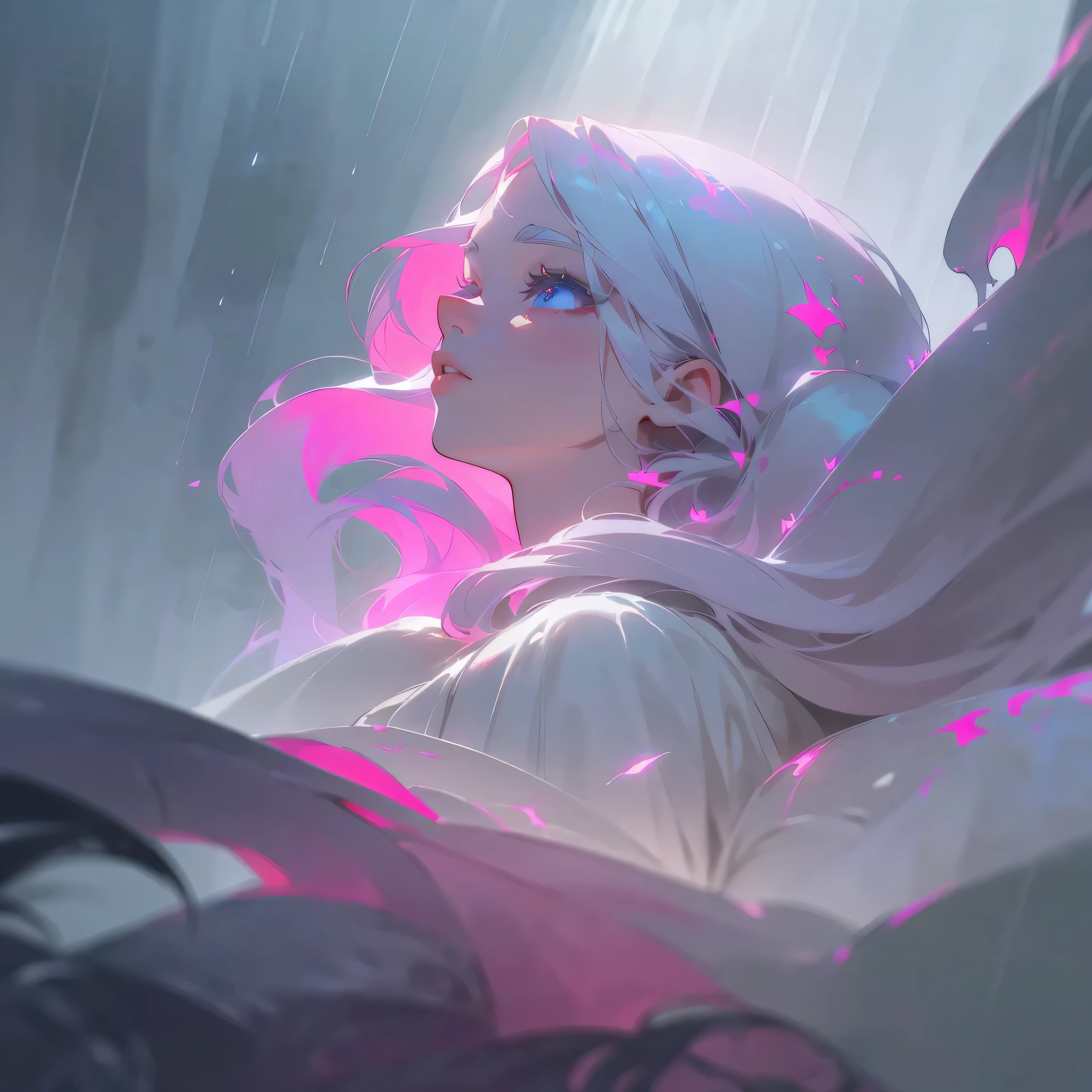 (a girl:2.1,dark:1.2,fantasy:1.3,anime,fog,rain), (white hair,beautiful detailed eyes,long eyelashes,beautiful detailed lips,pink aura:1.1), (detailed light and shadows,atmospheric:1.2), (highres:1.2,vivid colors:1.1), (artistic background,ethereal,enchanted forest,mysterious vibe)