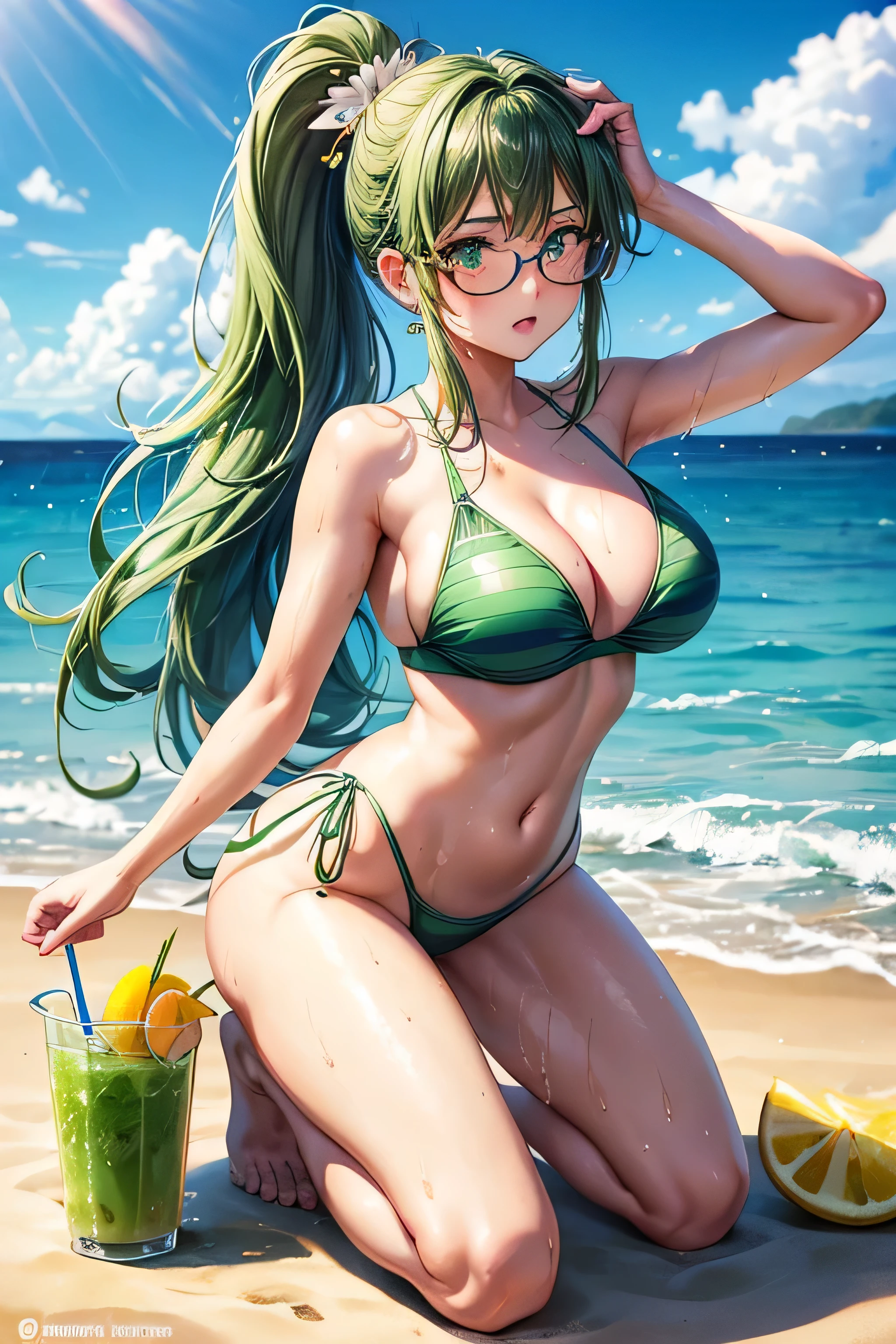 High resolution, high quality, One girl, Anime Girls, dark green hair,middle hair,ponytail,green eyes, Green glasses,heart shaped pupils,Glowing Skin, Large Breasts,beautiful breasts,pointy breasts,Big Ass,beautiful ass,Embarrassed,blue stripe swimsuit,Back Pose,lower body,sweat,wet,squatting,(open legs),arms behind head,at Beach,(Kiwi juice),(lemon juice),(orange juice),(Pineapple juice),(Mango juice),(water),