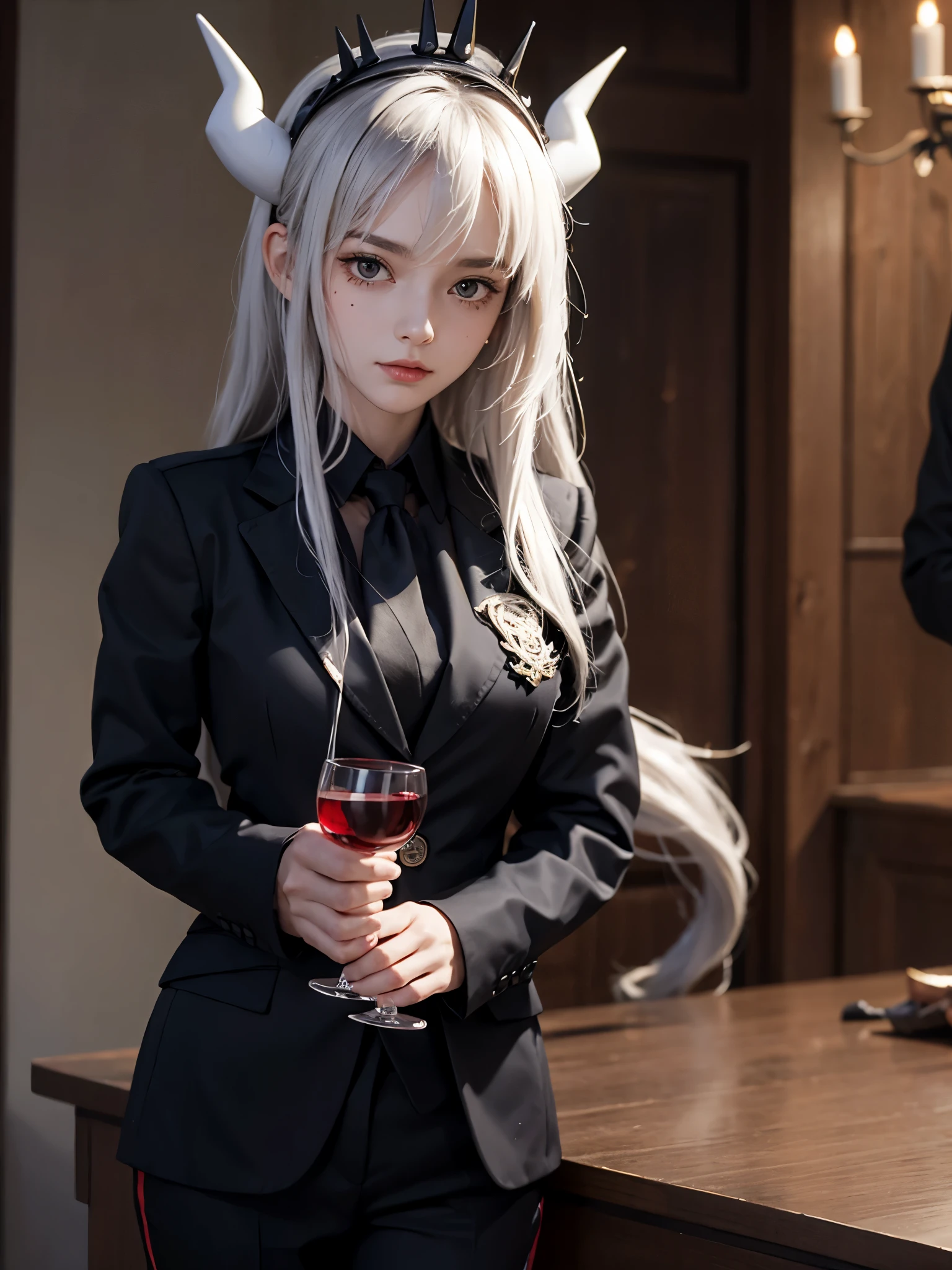 score_9, score_8_up, score_7_up, source_anime, solo, 1girl, luciferdef, mole under eye, smirk, looking at viewer, standing, holding wine glass, hand on own face, long hair, crown, white horns, demon horns, formal, business suit, black jacket, badge, long sleeves, red shirt, black necktie, white gloves, black pants, demon tail, indoors 