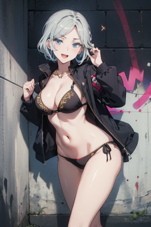 (from avobe:1.2), sexy posing,(masterpiece: 1.2, best quality), a captivating image of (1 lady), adorned with a chic and a trendy black jacket, her legs clad in snug bikini. Her mesmerizing blue eyes gleam with an enigmatic allure. The scene is set against a backdrop of a graffiti wall, adding a unique and vibrant contrast to the image. Every detail, from her expressive eyes to the intricate graffiti, is rendered in (masterpiece: 1.2, best quality), with (ultra high resolution) and an exquisite (depth of field). This masterpiece is not only visually stunning but also tells,(double breasted:1.0,under bust:1.0),(with sparkling eyes and a contagious smile),open mouth, Looking at Viewer, 