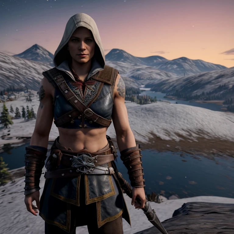 [ Eivor],[,blonde hair, serious, blonde hair, blue tattoos, braid, cheek scar, leather armor, fur trim, sleeveless, muscular, midriff, upper body, standing, looking at viewer,],Eivor from Assassin's Creed valhalla,[northern lights, mountains, cold, camp,],4k,sharp image,detailed