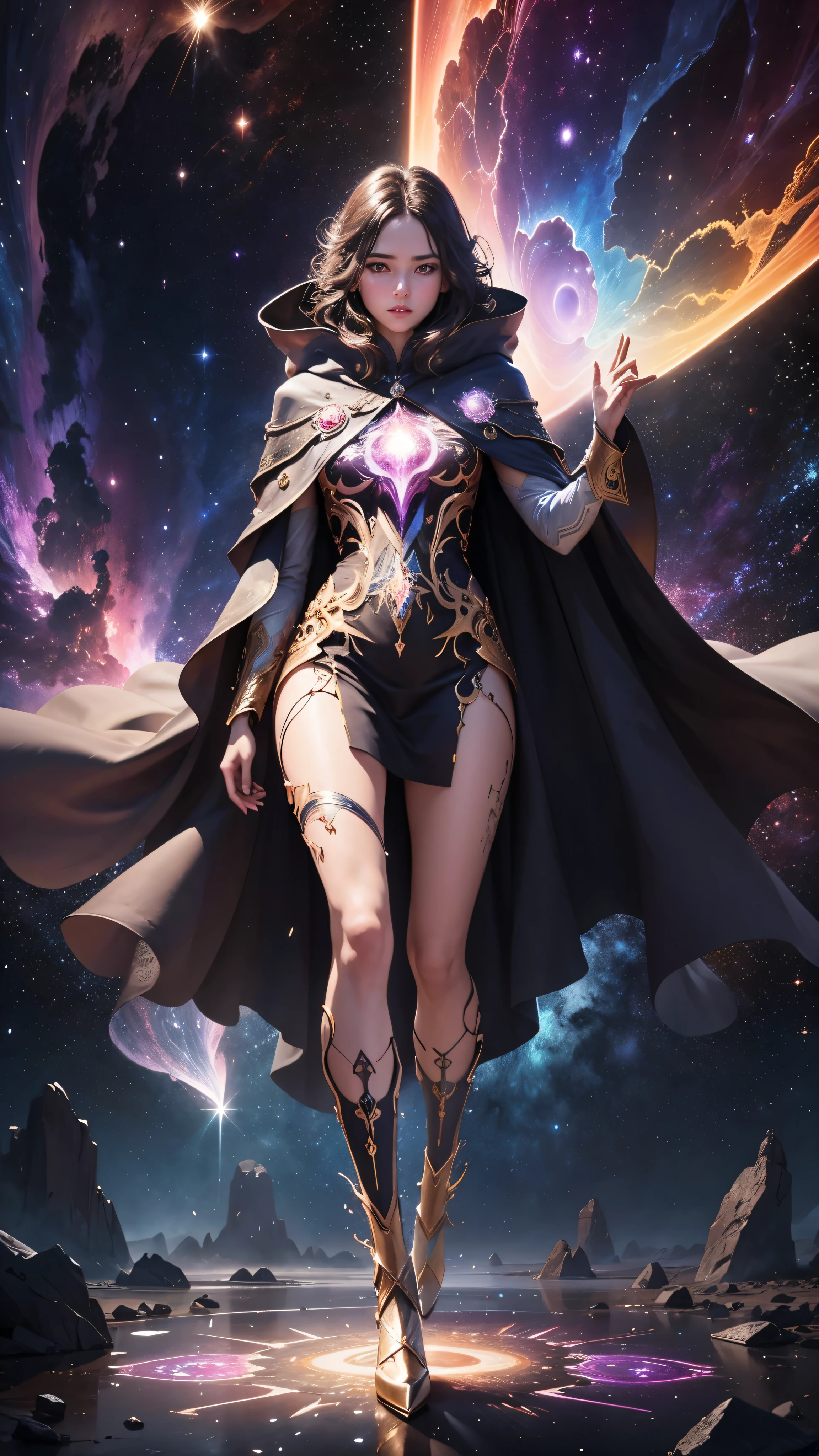 Abstract CG art:confetti,Stunning digital illustrations, transparent humanoid,The cloak features an intricate pattern that resembles a stained glass nebula, as it weaves in space,Legs crackled by countless cosmic lightnings.