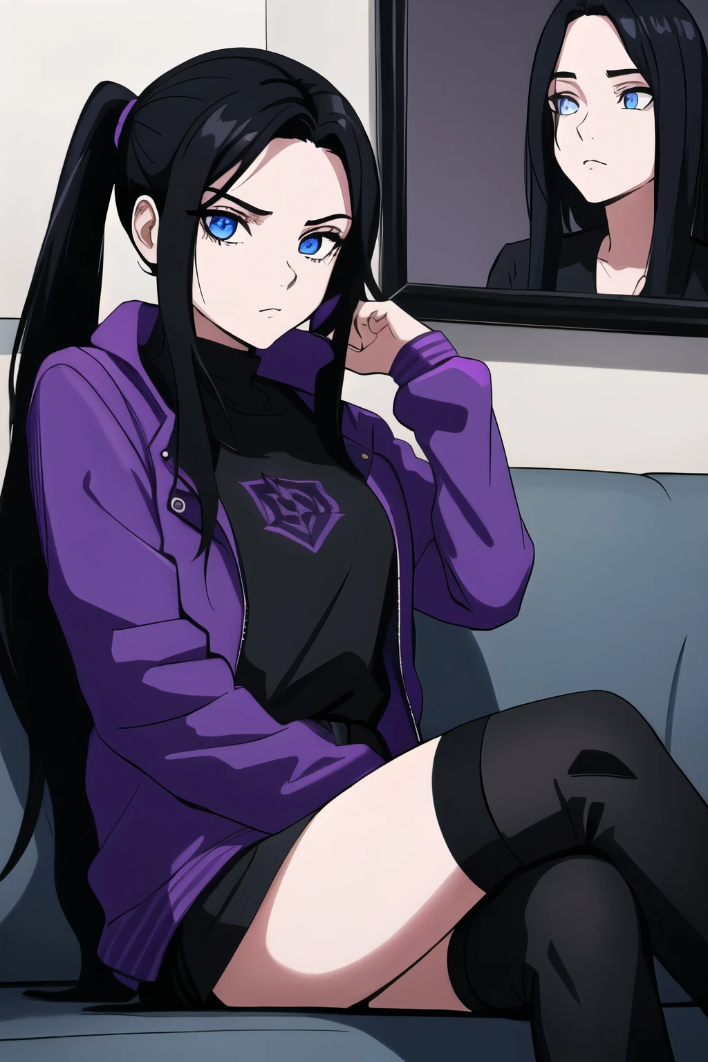 portrait of a girl, woman with black hair and a purple jacket sitting on a black couch in a dark room, black room, young evil woman sitting, girl cuddles, In the background is a couch, cool emo girl, emo hair, light blue eyes, dark couch in an dark emo room, cool emo woman, black shoulder long hair, purple elements, epic , woman with two ponytails, two ponytails, dark evil girl, woman sitting poses, Women's hair with a middle parting, hair with middle parting, middle parting girls hair, purple fur jacket, dark, emo