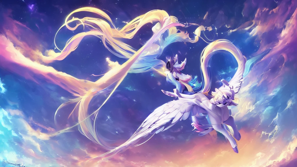 ((derpibooru_p_95)),pony,angel,solo,wings, unicorn horn, (masterpiece),8k,Smile,(best quality),triadic lighting,best quality,sky background,High Definition,highres,embellishments,