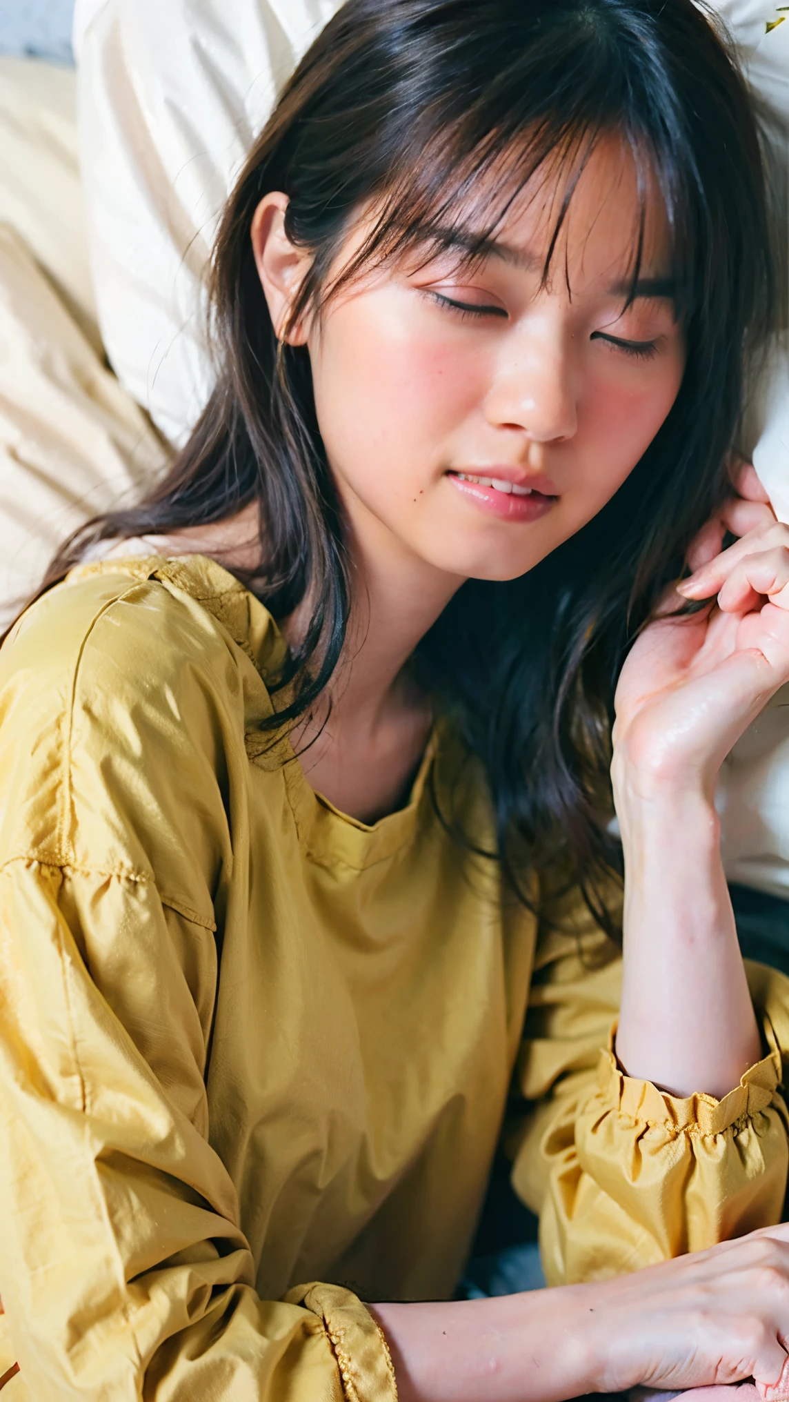 (((highest quality,Very detailed,masterpiece,whole body))) ,(((close your eyes、Open your mouth、sleep))),one piece,barefoot,One Girl,Realistic,Lying down,Bedroom、From below