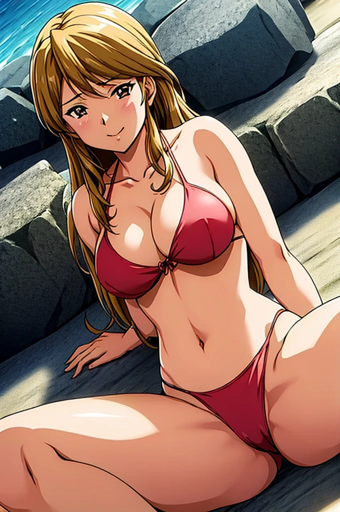 Kaori Maejima | Shuusaku stinks | Ver 4.0, masterpiece, best quality, a very attractive sexy mature woman in a bikini lying down on a beach near the sea, 1girl, outdoors, thong bikini, swimsuit, breasts, solo, on stomach, navel, legs up, looking at viewer, smile, cleavage, red in black bikini, side-tie bikini bottom, jewelry, day, halter strap, beach, string bikini, arm under breasts,