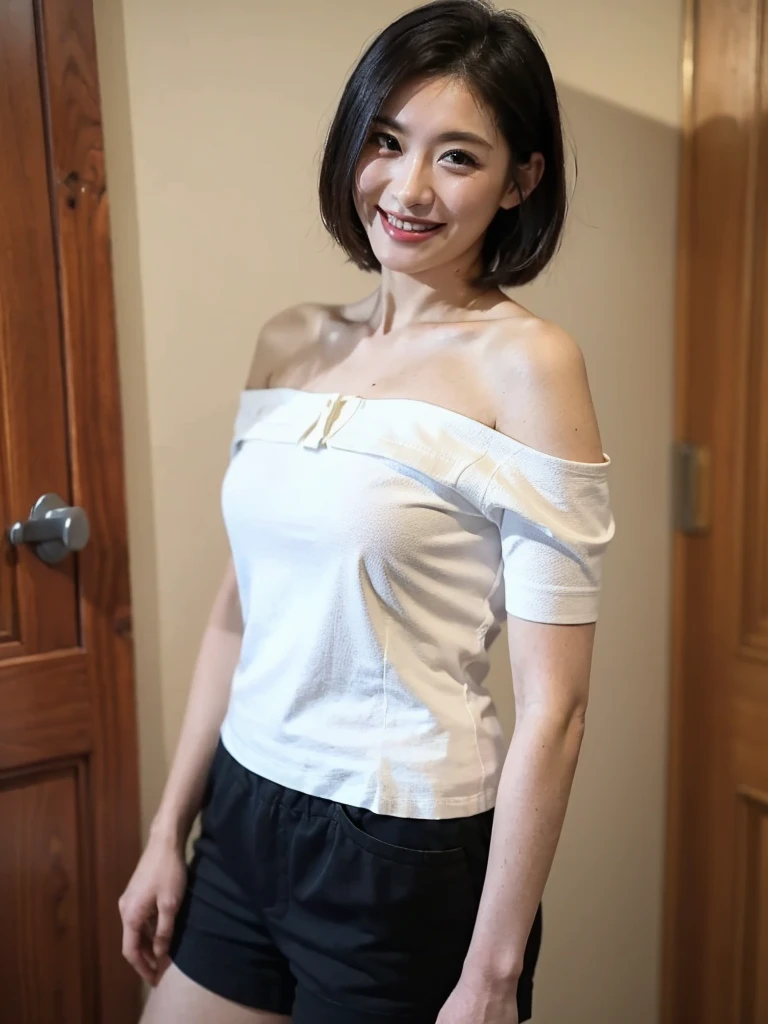 masterpiece,high quality,solo,
looking at viewer,smile,
AiKisugi,1girl,
short hair,black hair,black eyes,
shirts,
shorts,
Off-the-shoulder shirt、