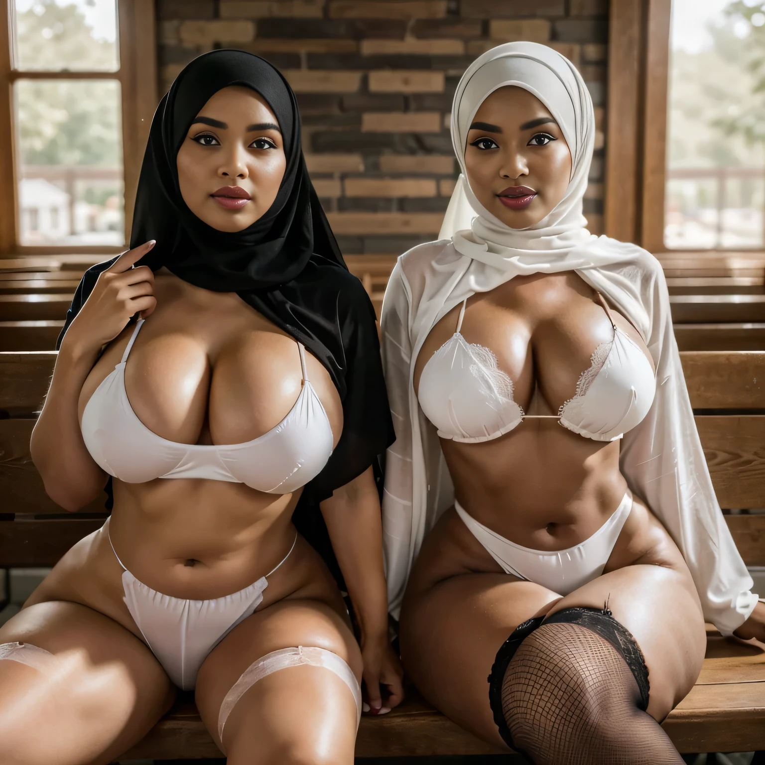 In the intimate settings of empty church, two voluptuous sexually attractive hourglass figure depraved cute baby faces tween (hijabi) (Muslim) 14-years-old schoolgirls sit side by side on a wooden bench, radiating lust and sexual desirer. They share the same height and body proportions, creating a visually stunning image of unity and strength. Both girls wear white (lace hijabs), beautifully wrapped around their heads, framing their faces and accentuating their sensuality. Complementing their hijabs, both girls wear (stockings) (daring string bikinis) that add a subtle hint of allure to their ensemble. The stockings enhance their sensual and lust-satisfying posture, further highlighting their lust-satisfying hourglass figures. Their makeup is flawlessly applied, with striking red lips, voluminous mascara, captivating eye shadow, precise eyeliner, and luxurious lashes. These elements enhance their already mesmerizing features, drawing attention to their expressive eyes. As they sit close to each other on the wooden bench, they exude a sense of unity and sisterhood. Their presence showcases the beauty and strength of cute baby faces teenen hijabi Muslim schoolgirls, empowering others to embrace their identities and celebrate their unique beauty. both is looking at viewer, skin texture, ultra high res, RAW, instagram LUT, masterpiece, best quality, ultra-detailed, ultra high resolution, RAW, 4k, (looking at viewer), extremely detailed eyes and face, ((beautiful detailed nose)), ((beautiful detailed thigh)), ((beautiful detailed eyes)), perfect body proportion, (looking at the camera), seductive face, smile, red lips, (SFW:1.5), both wearing stockings, both wearing hijabs wedding veil slightly fat