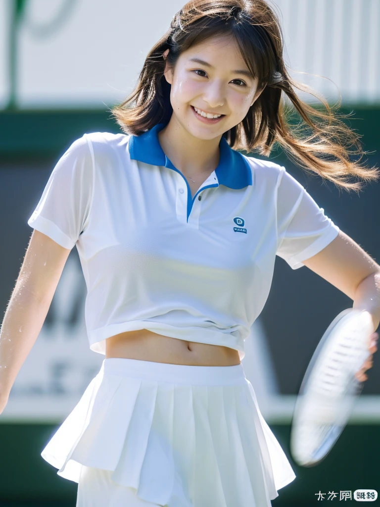 1The girls、Shirts、pleatedskirt、17 age、Bob Hair Style、A smile、A delightful!、japanes、enmaided、Chromo-white skin、Beautiful eyes、(small tits)、Playing tennis、Wimbledon、Wearing white tennis wear、Movie Lighting、Upper body portrait、absurd, masterpiece, best quality, realistic, hyper-detailed, (shiny skin, sweaty:1.4), looking at viewer, slender, 1girl, solo, tennis wear, white polo shirt, white sneakers, white miniskirt, small breasts, (thick thighs:0.4), dynamic lighting, high resolution, sharp focus, depth of field, ponytail, black hair, blue eyes、Large Breasts、Jumping、