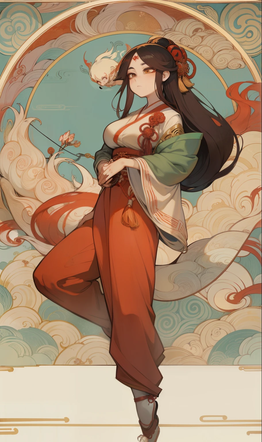 a painting of a woman with long hair and a flower in her hand, korean art nouveau anime, japanese goddess, flowing hair and long robes, anime fantasy illustration, inspired by Sōami, akira from chinese mythology, japanese art style, a beautiful kitsune woman, inspired by Nōami, inspired by Tsukioka Yoshitoshi, autumnal empress