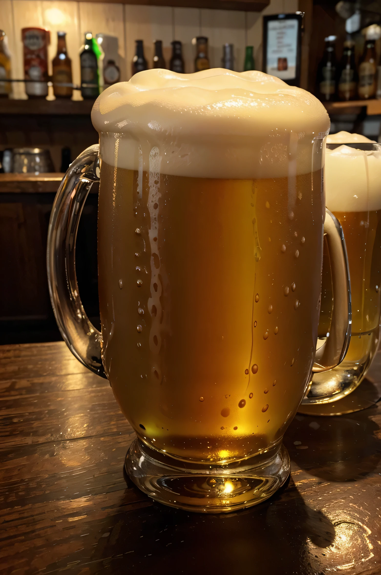 Photo of glass mug with IPA beer, with overflowing foam on top, isolated on an old BEERPUB style wooden counter, realistic photo, details,