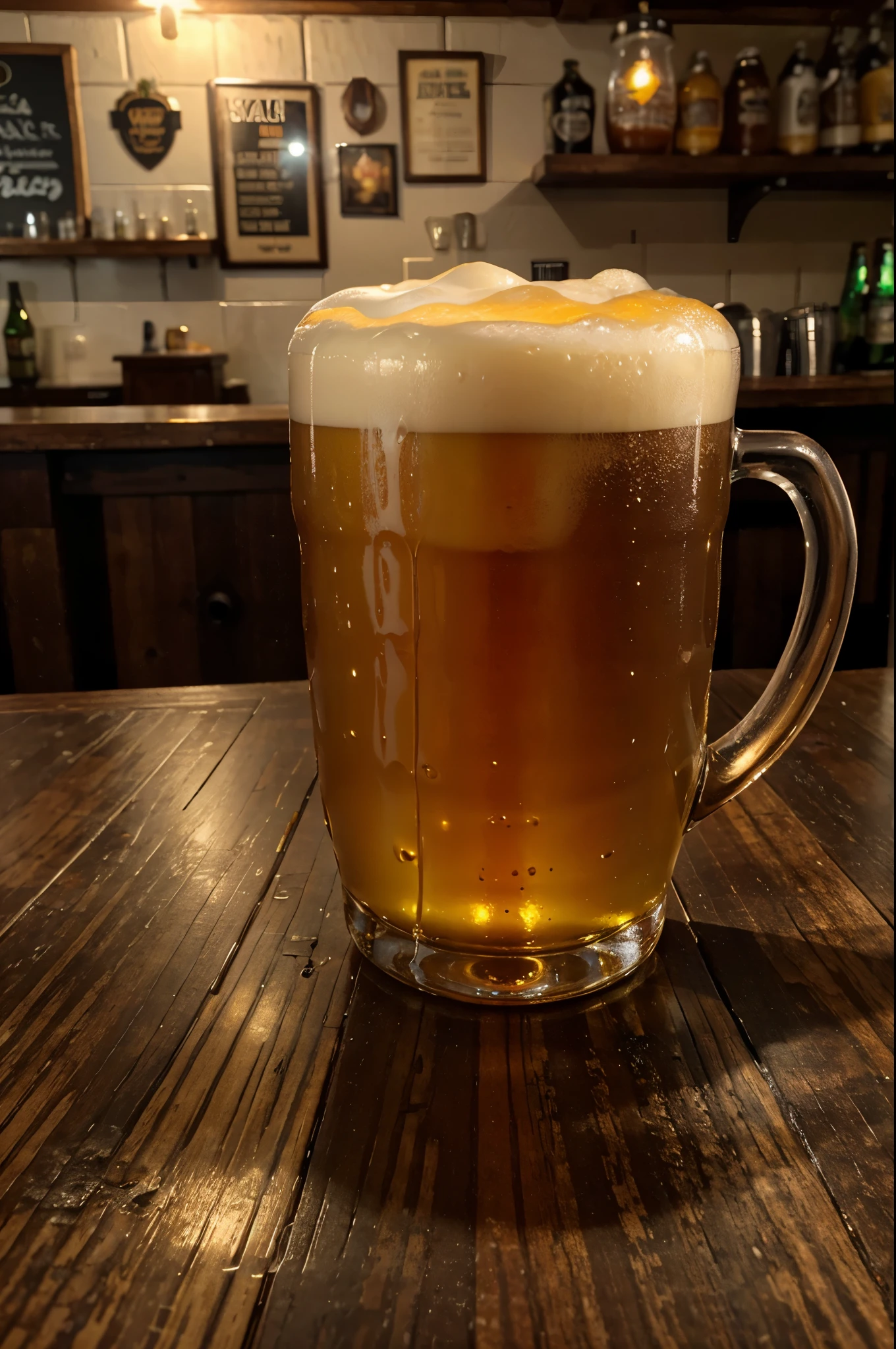 Photo of glass mug with IPA beer, with overflowing foam on top, isolated on an old BEERPUB style wooden counter, realistic photo, details, 