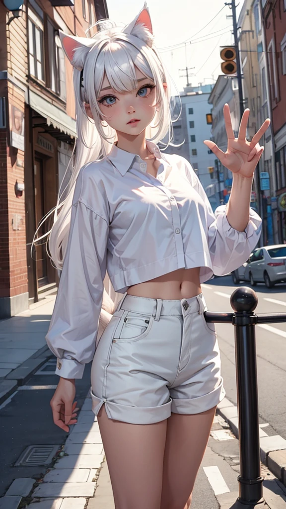 1girl, ebenya, looking at viewer, white hair, neko, cat ears, cat tail, white shirt, shorts, open clothes, russian city, ba-shiroko, waving